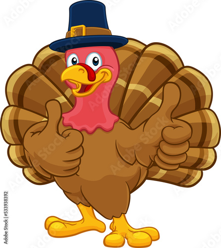 Turkey Pilgrim Hat Thanksgiving Cartoon Character photo