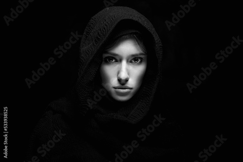 fashion muslim style girl. religion. Black and white portrait