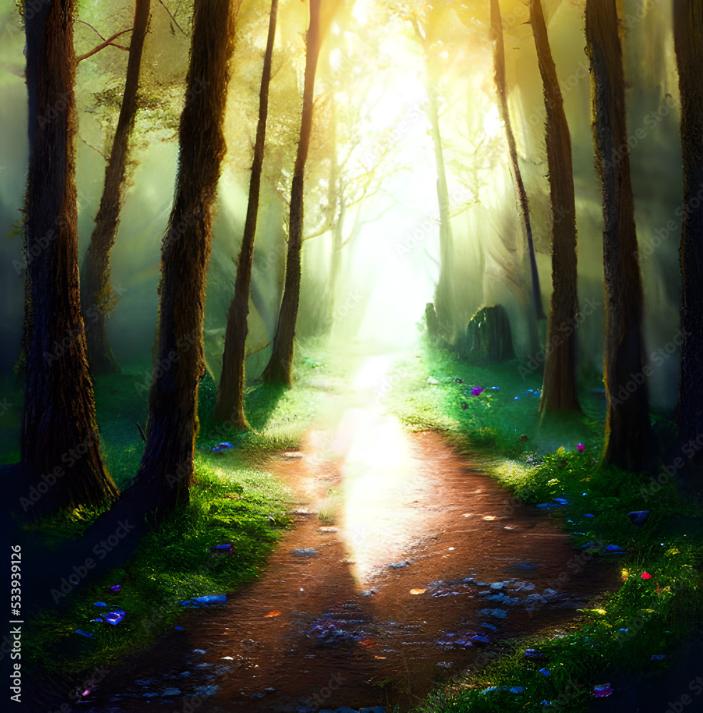 Fototapeta premium Pathway through a fantasy forest with rays of sunlight shining down. 