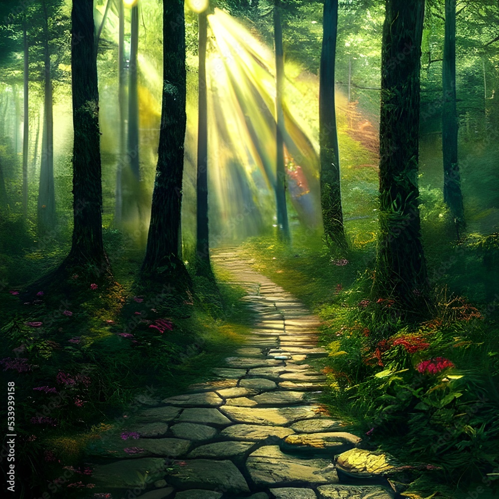 Fototapeta premium Pathway through a fantasy forest with rays of sunlight shining down.