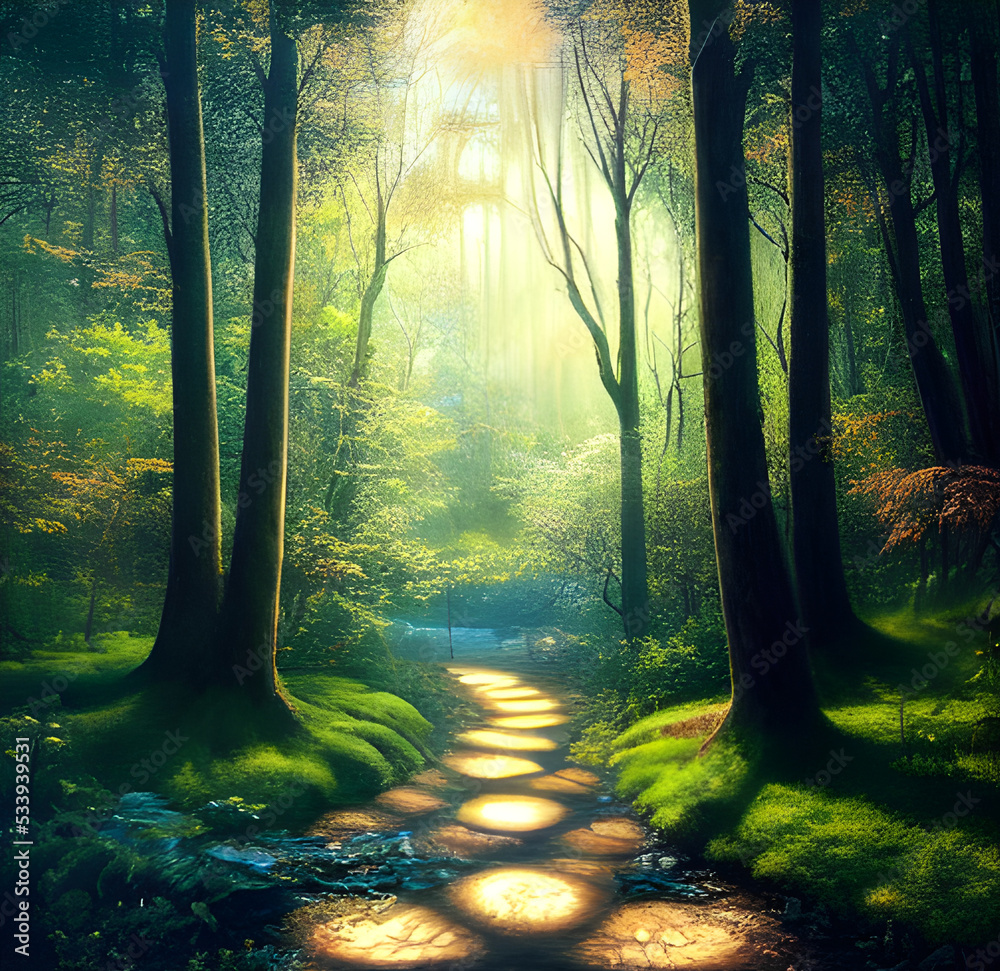 Naklejka premium Pathway through a fantasy forest with rays of sunlight shining down.