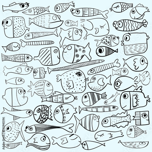 hand drawn set of doodle elements fish
