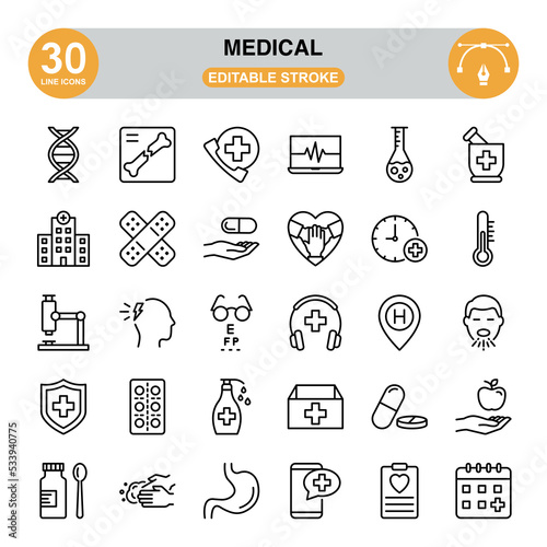 Medical icon set. Editable stroke. Pixel perfect. icon set contains such icons as DNA, broken bone, hospital, plaster, medicine chest, hand washing, disinfectant, stomach, pill, sneeze, etc.