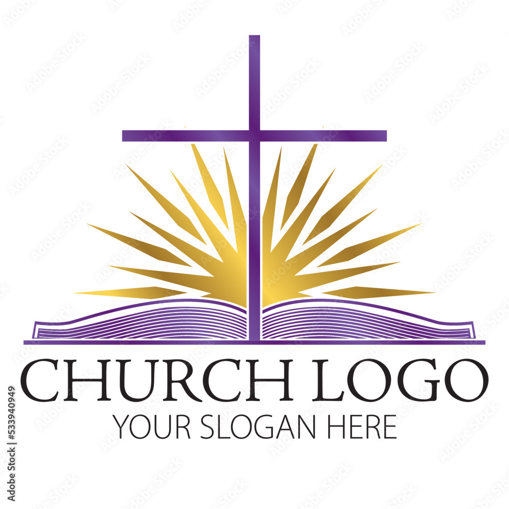 Church logo in purple and gold with open bible, a cross and a sun
