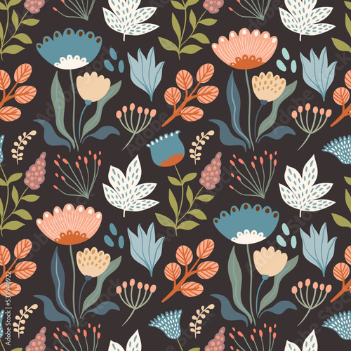 Autumn floral seamless pattern with different flowers and plants, seasonal design