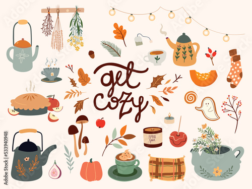 Cozy Autumnal collection with seasonal different elements, pumpkin, tea, candle, mushrooms, plants and hand lettering, isolated on white