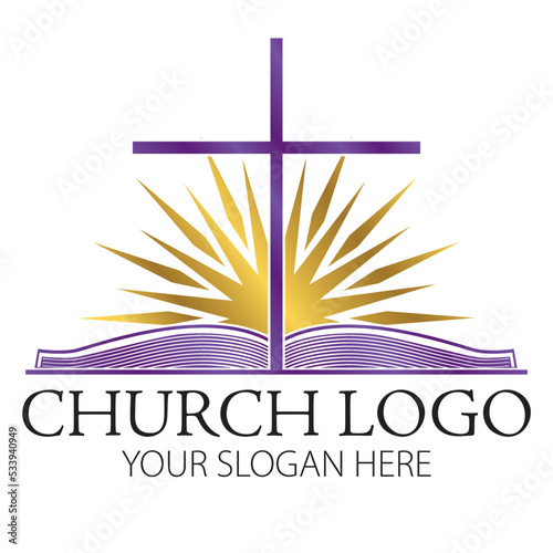 Church logo in purple and gold with open bible, a cross and a sun behind. Cross with golden sun rays behind and an a flat open bible in purple gradient colors. Bible study icon