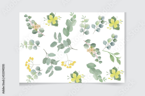 Watercolor vector card template design with eucalyptus leaves and flowers background