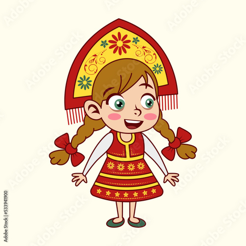 Vector cartoon girl in traditional russian costume. Funny Russian folk woman illustration.
