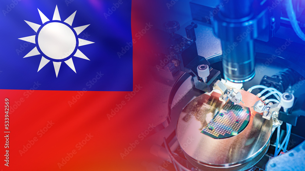 Manufacturing microchips. Taiwan flag and machine tool for micro