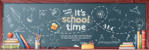 Banner template with school board and chalk lettering. Back to school, knowledge day. Banner, poster, brochure, background, etc.