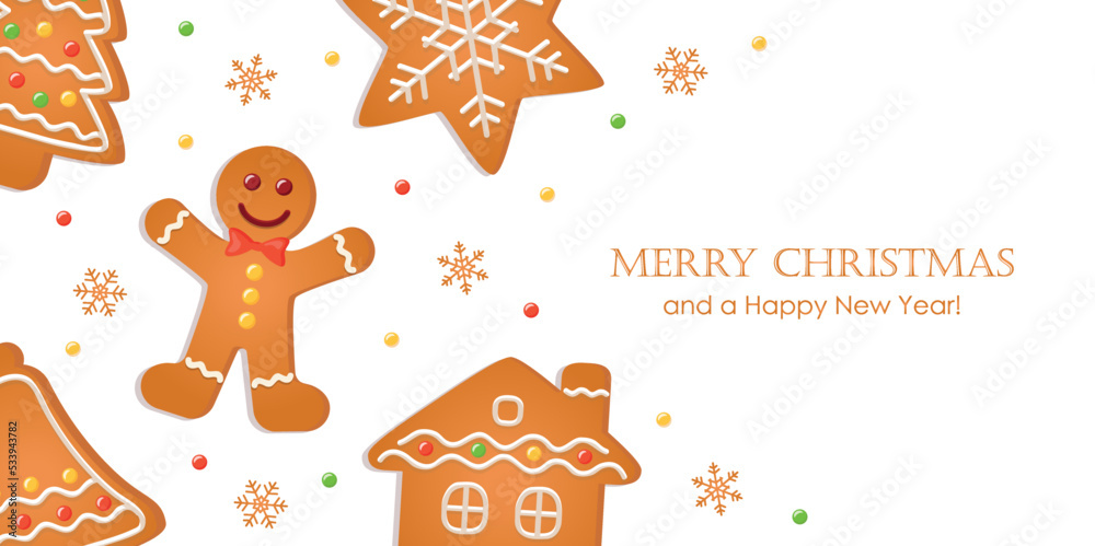 christmas greeting card with gingerbread cookies decoration on blue background