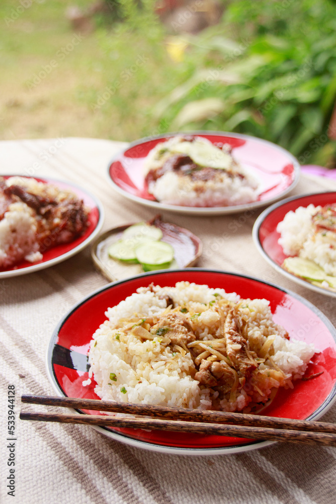 Peppered chicken and ginger (Cha Mouan Khnyei) for breakfast, a traditional khmer dish Peppered chicken and ginger (Cha Mouan Khnyei) for breakfast, a traditional khmer dish