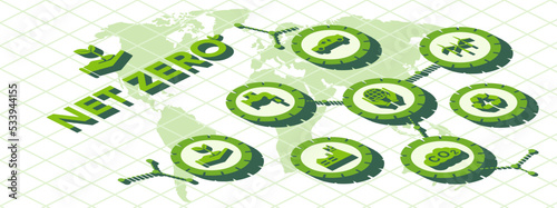 Banner Net Zero zero emissions concept by 2050 long-term strategy for net zero emissions target no toxic gas 3D view top view. (vector illustration)
