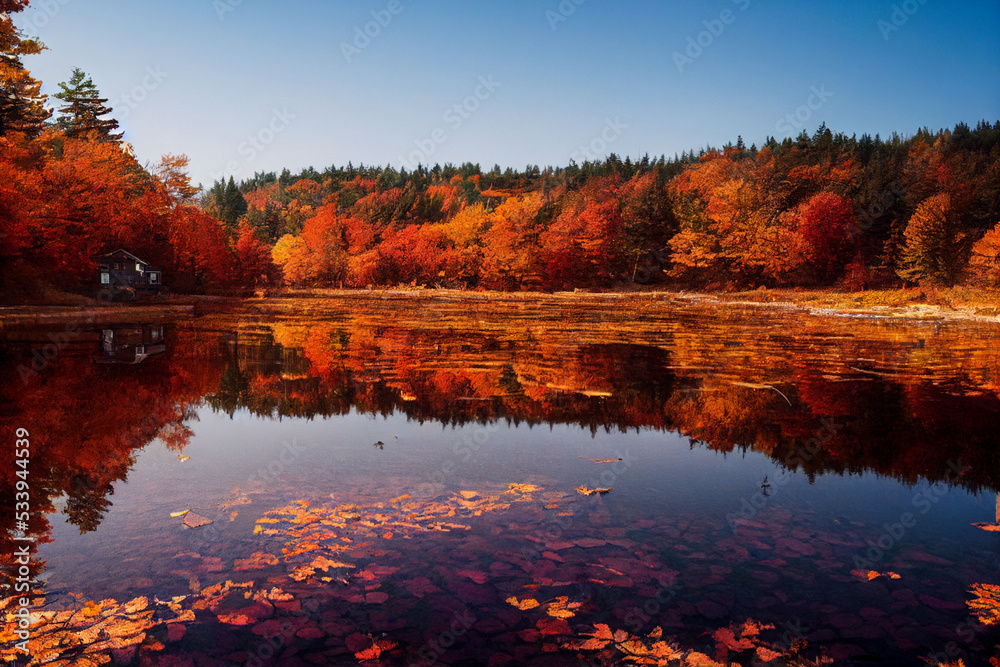 Autumn landscape with a lake, digital art