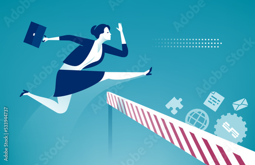 Overcoming obstacles. A female manager jumps over obstacle like hurdle race. Business vector concept illustration