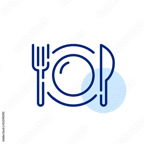 Fork, knife and plate. Restaurant and food icon. Pixel perfect, editable stroke art