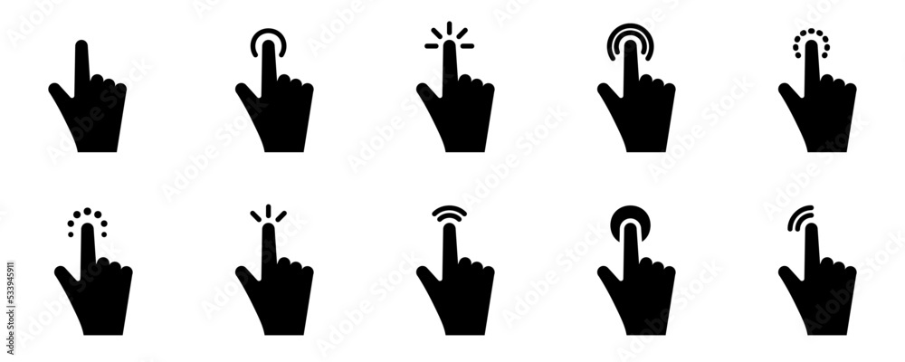Conjunto de iconos de clics táctiles del cursor. Pantalla táctil del dedo. haga clic. ilustración vectorial
