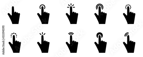 Conjunto de iconos de clics táctiles del cursor. Pantalla táctil del dedo. haga clic. ilustración vectorial