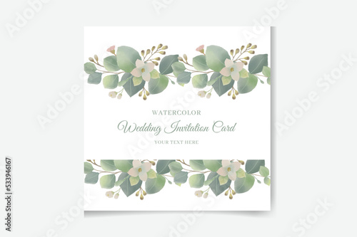 Watercolor green floral banner with silver dollar eucalyptus leaves and branches isolated on white background.