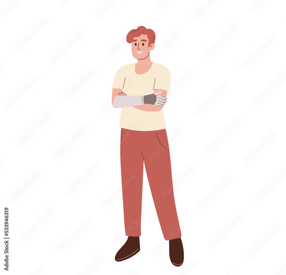 Young man with arm prosthesis. person without arm. Limb amputation. Flat vector illustration.