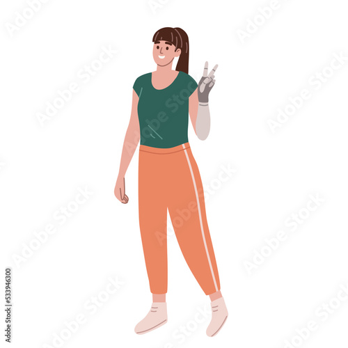 Young woman with arm prosthes. person without arm. Limb amputation. Flat vector illustration.