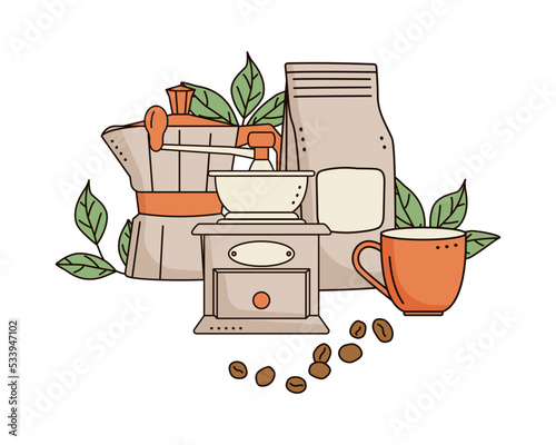 Geyser coffee maker, coffee grinder, cup and kraft paper bags with coffee beans isolated on white background. Doodle style.