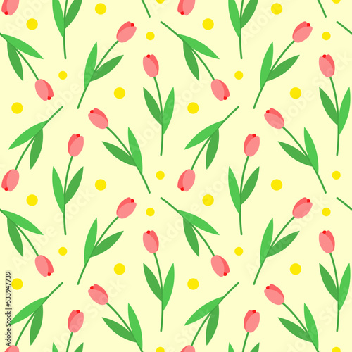 Floral seamless pattern. Vector illustration ornament of spring pink tulips. Textile and packaging paper design with flowers.