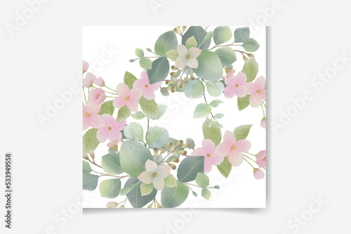 Watercolor vector wreath with green eucalyptus leaves and Jasmine.
 photo