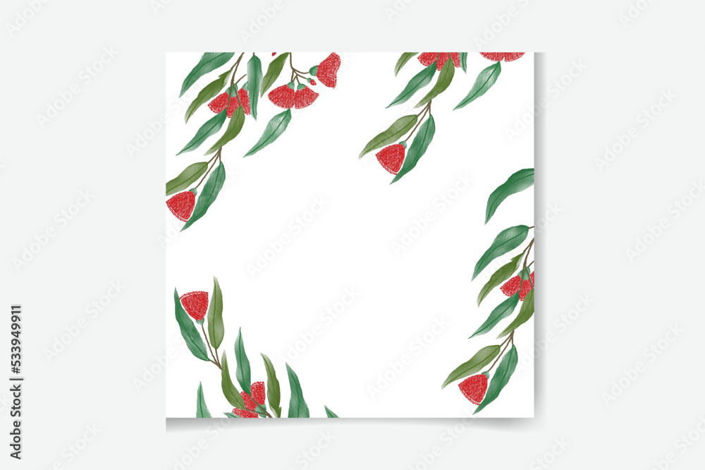 Obraz premium Watercolor vector card template design with eucalyptus leaves and flowers background