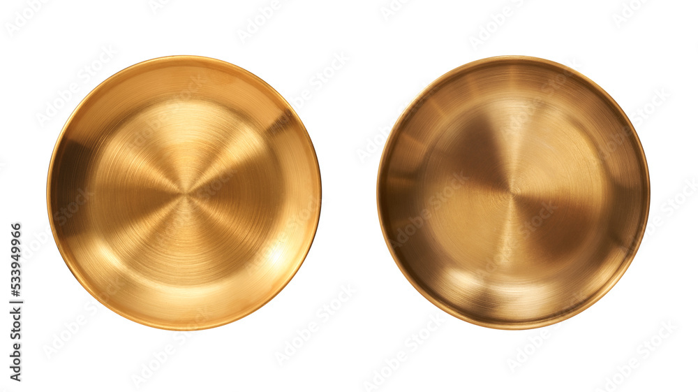 Top view of golden plate isolated on white background. Top view of golden plate isolated on white background.