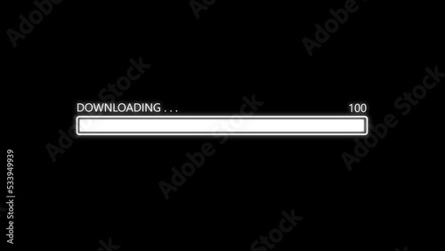 Black screen Loading bar downloading barloading screen pixelated progress animation Loading Transfer Download 0-100%.