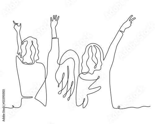 Line art drawing group of girls. Hands up. Group of Applause people, continuous one Line vector illustration. People standing at concert, meeting. Concept of happy Audience. 