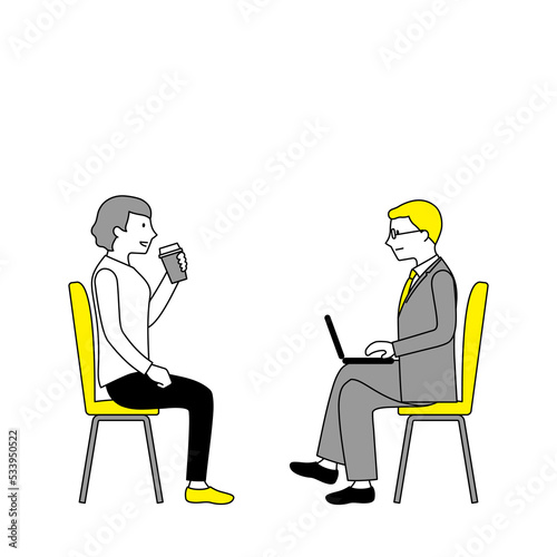 オフィスカフェで雑談をするビジネスマンとビジネスウーマンのイラスト（白背景・ベクター・切り抜き）