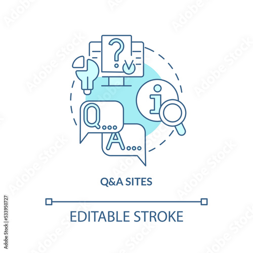 Questions and answers sites blue concept icon. Problem solving. Find expert advices abstract idea thin line illustration. Isolated outline drawing. Editable stroke. Arial, Myriad Pro-Bold fonts used