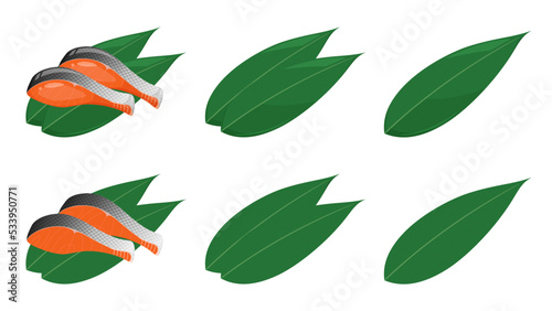 魚に敷く笹の葉っぱのイラスト素材セット