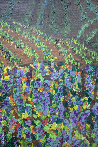 Fine art illustration winery plantation. Vineyards wallpaper. Twilight autumn field. Picturesque landscape. Biodynamic agriculture concept..