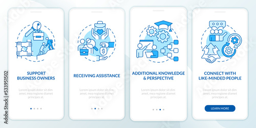 Entrepreneurship support blue onboarding mobile app screen. Mentoring walkthrough 4 steps editable graphic instructions with linear concepts. UI, UX, GUI template. Myriad Pro-Bold, Regular fonts used