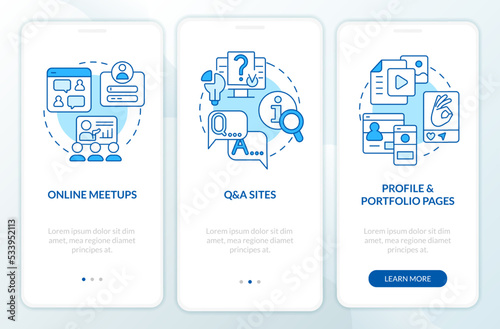 Online presence blue onboarding mobile app screen. Digital networking walkthrough 3 steps editable graphic instructions with linear concepts. UI, UX, GUI template. Myriad Pro-Bold, Regular fonts used