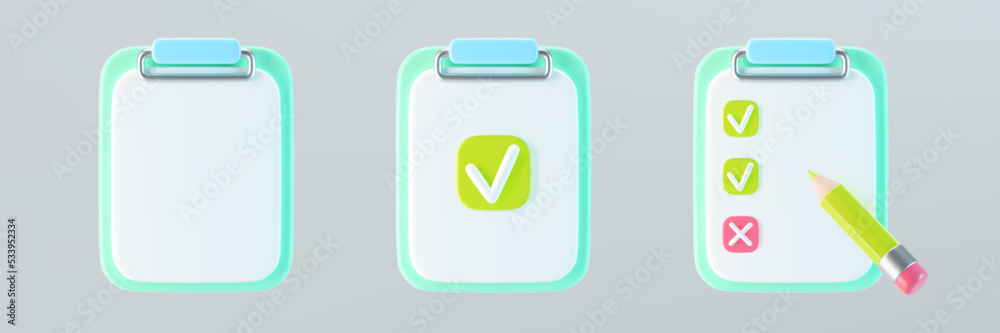 3d blue checklist on clipboard icons set with check mark, cross mark ...