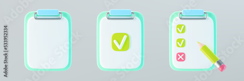 3d blue checklist on clipboard icons set with check mark, cross mark, pencil. Render to-do or shopping, medical, business and education checklist. 3d cartoon simple vector illustration
