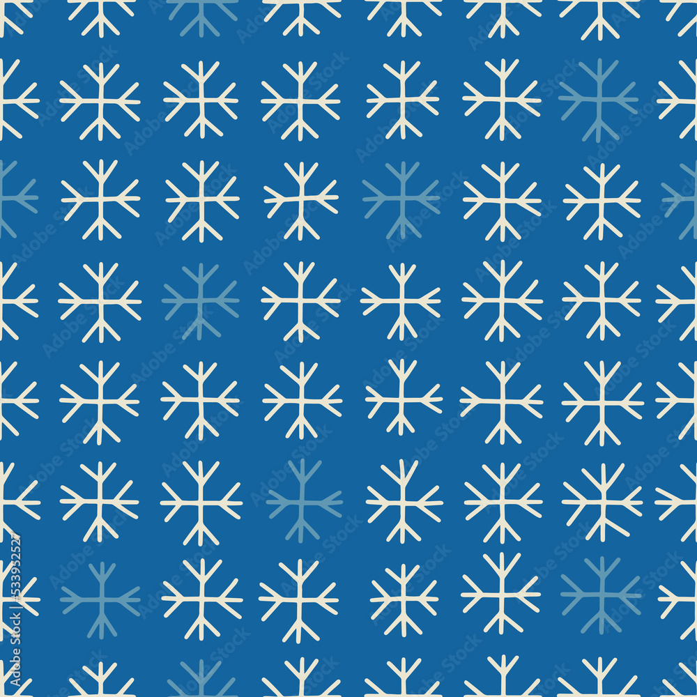 Hand drawn various snowflakes, seamless pattern. Winter symbol. Perfect for Christmas cards, invitations, decorations, wrapping paper, textiles and more.