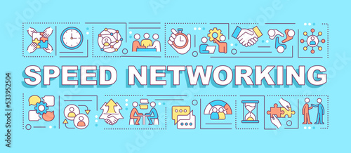 Speed networking word concepts blue banner. Building connections game. Infographics with editable icons on color background. Isolated typography. Vector illustration with text. Arial-Black font used