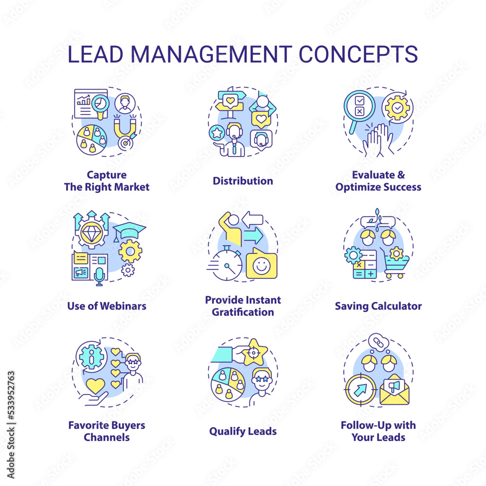 Lead management concept icons set. Connect with buyers. Marketing strategy for business idea thin line color illustrations. Isolated symbols. Editable stroke. Roboto-Medium, Myriad Pro-Bold fonts used