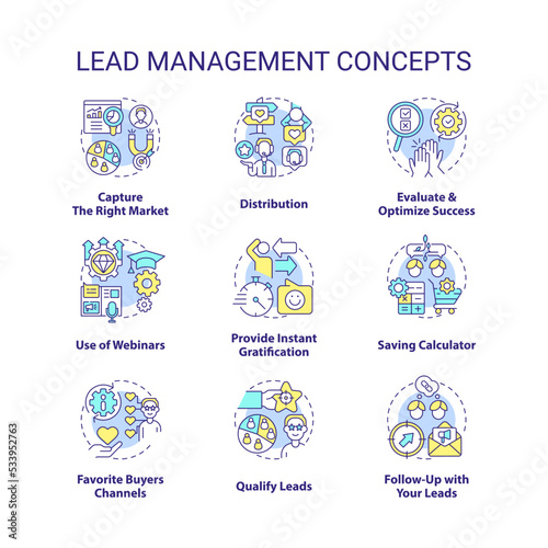 Lead management concept icons set. Connect with buyers. Marketing strategy for business idea thin line color illustrations. Isolated symbols. Editable stroke. Roboto-Medium, Myriad Pro-Bold fonts used © bsd studio