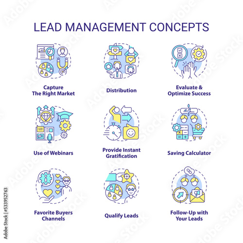 Lead management concept icons set. Connect with buyers. Marketing strategy for business idea thin line color illustrations. Isolated symbols. Editable stroke. Roboto-Medium, Myriad Pro-Bold fonts used
