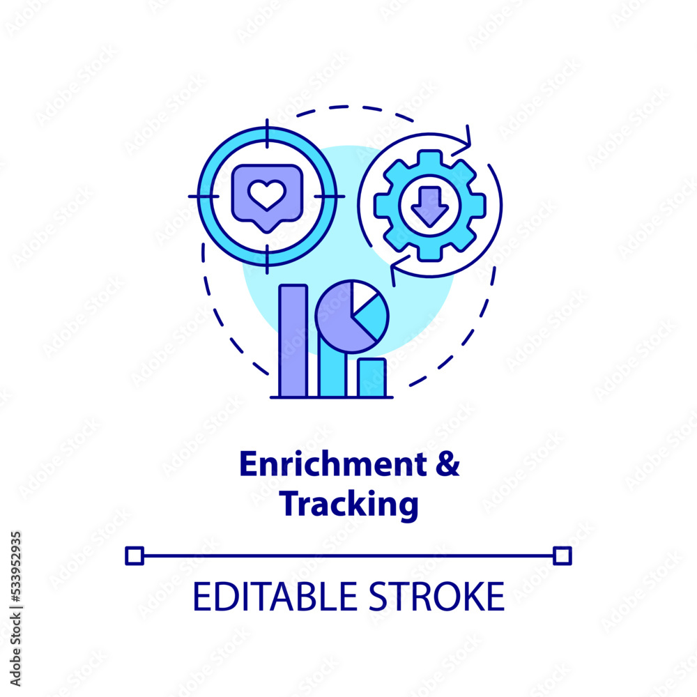 Enrichment and tracking concept icon. Marketing analysis. Leads management process abstract idea thin line illustration. Isolated outline drawing. Editable stroke. Arial, Myriad Pro-Bold fonts used Enrichment and tracking concept icon. Marketing analysis. Leads management process abstract idea thin line illustration. Isolated outline drawing. Editable stroke. Arial, Myriad Pro-Bold fonts used