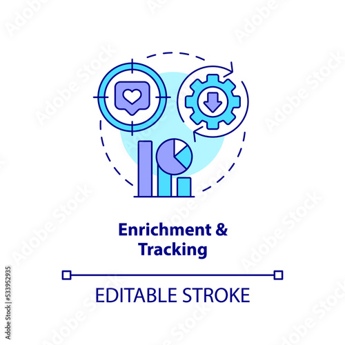 Enrichment and tracking concept icon. Marketing analysis. Leads management process abstract idea thin line illustration. Isolated outline drawing. Editable stroke. Arial, Myriad Pro-Bold fonts used