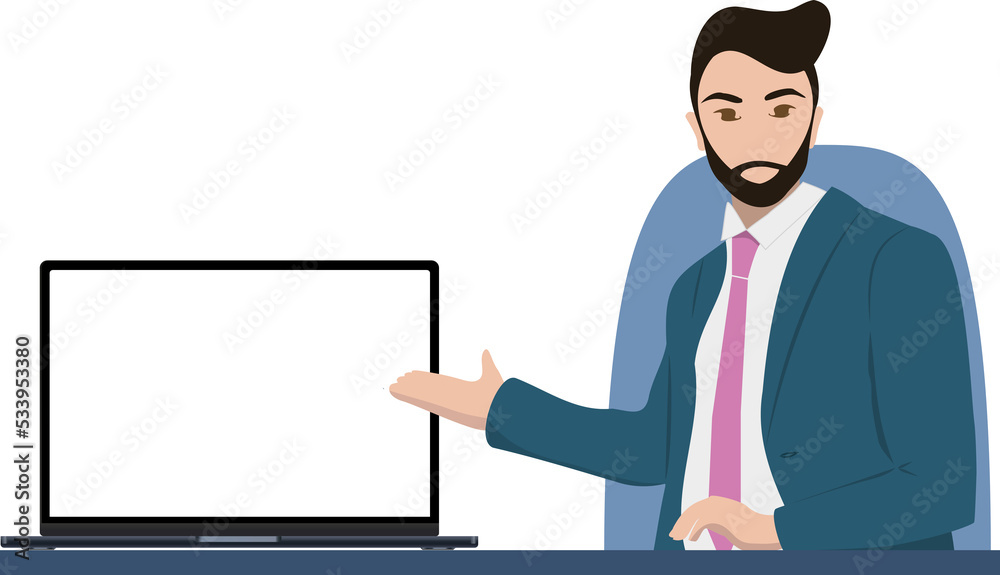 business man pointing at a laptop with a white screen to use for different purposes business man pointing at a laptop with a white screen to use for different purposes