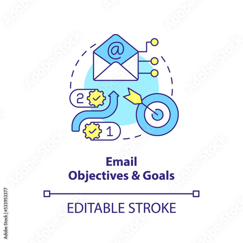 Email objectives and goals concept icon. Online marketing. Lead nurturing campaign abstract idea thin line illustration. Isolated outline drawing. Editable stroke. Arial, Myriad Pro-Bold fonts used